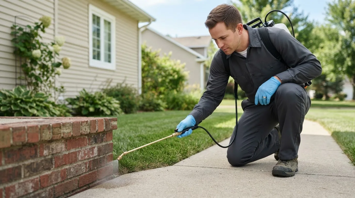 Pest control technician treating a home near Peach Creek, WV